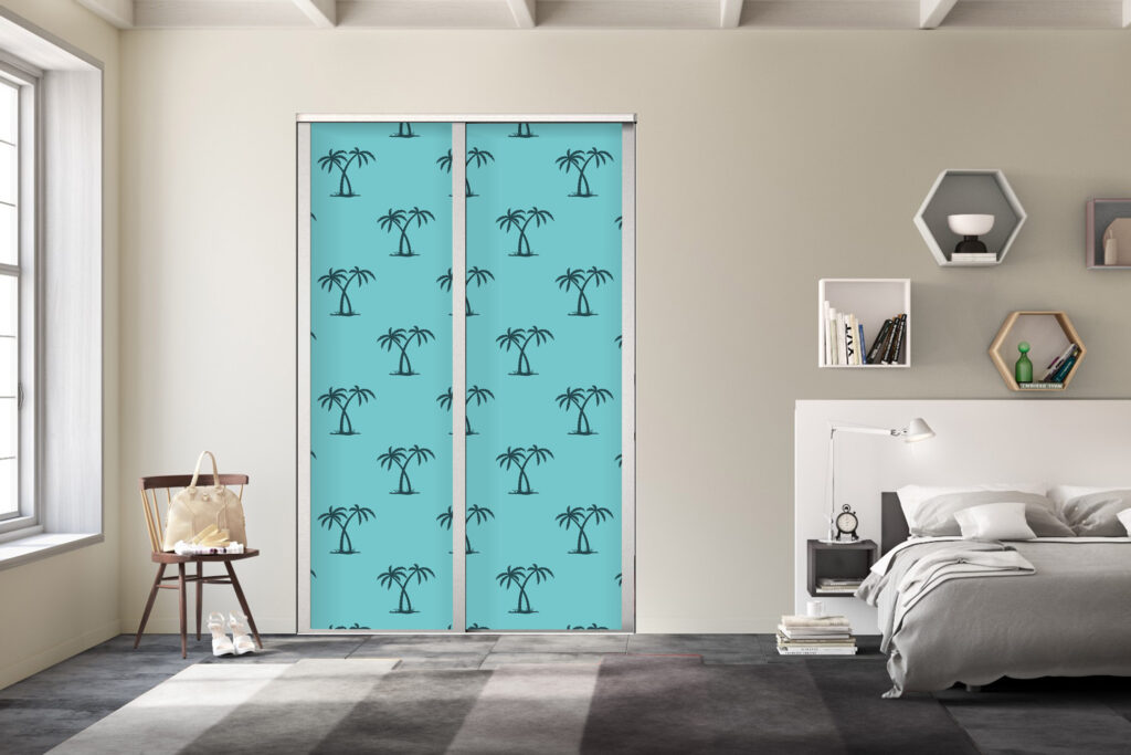 Papier peint motif cocotier tropical pas cher portes de placard bois