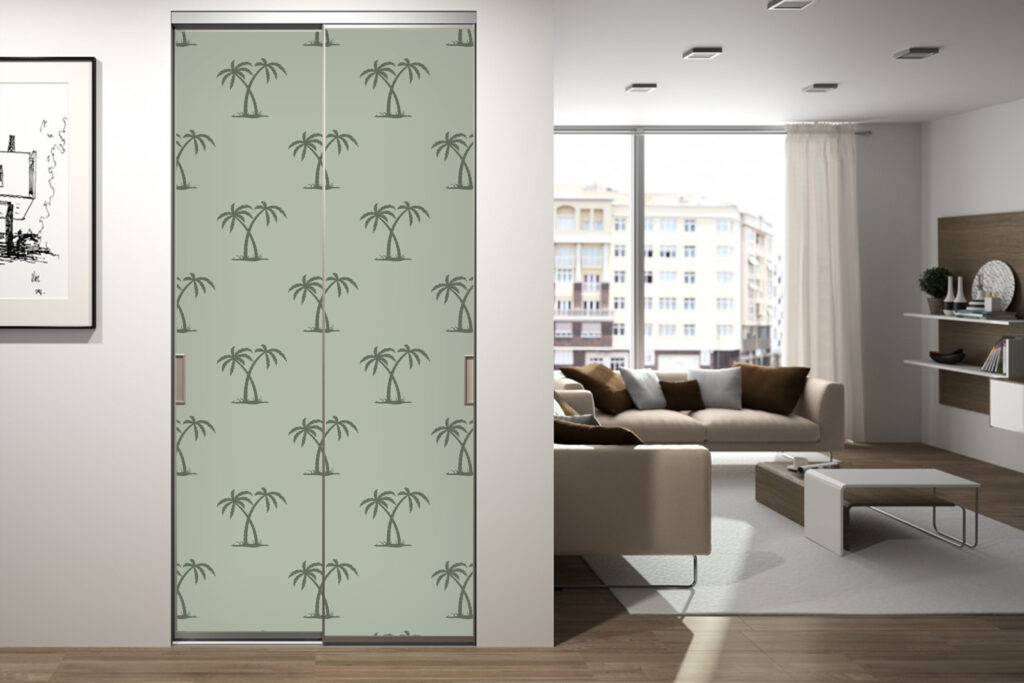 Papier peint motif cocotier tropical pas cher portes de placard pliantes