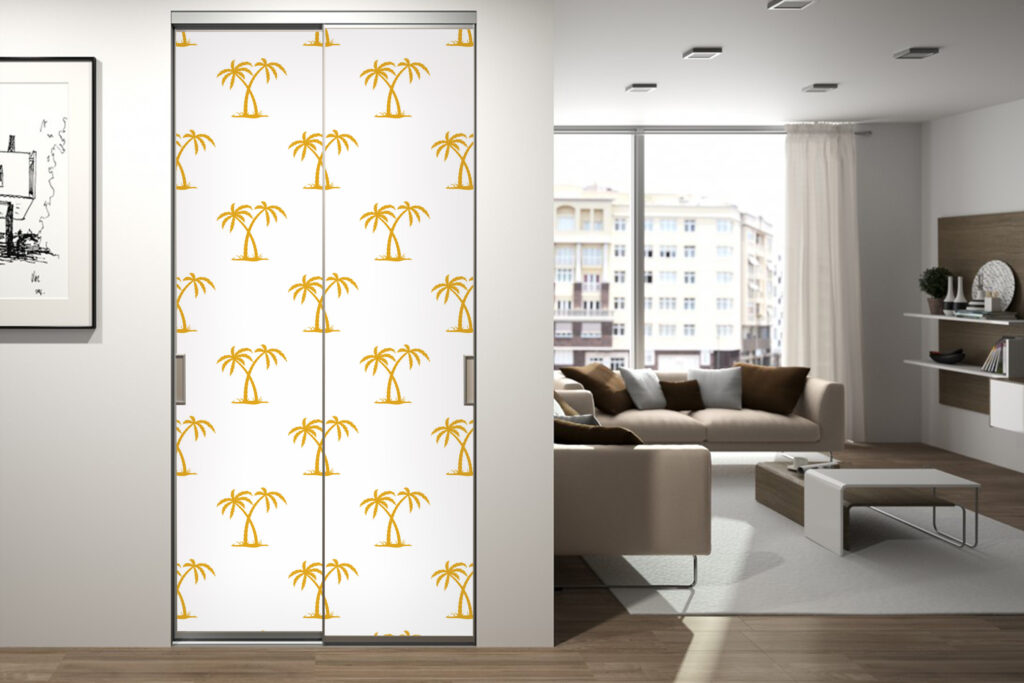 Papier peint motif cocotier tropical pas cher portes de placard battantes