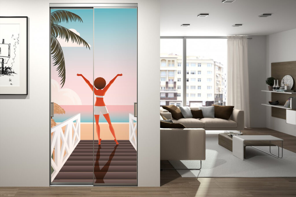 livraison rapide tapisserie fresque murale retro pop plage été Grèce sur-mesure haut de gamme placard coulissant entrée