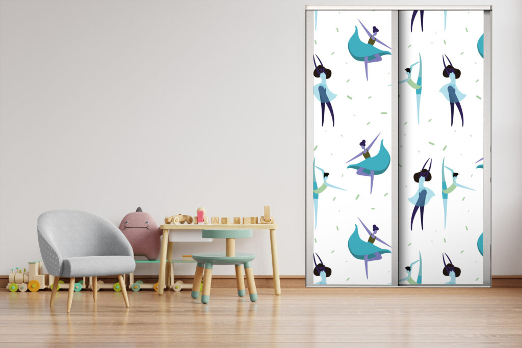 vinyle mural classique fond blanc motif Danseurs bleu pas cher portes placard chambre enfant