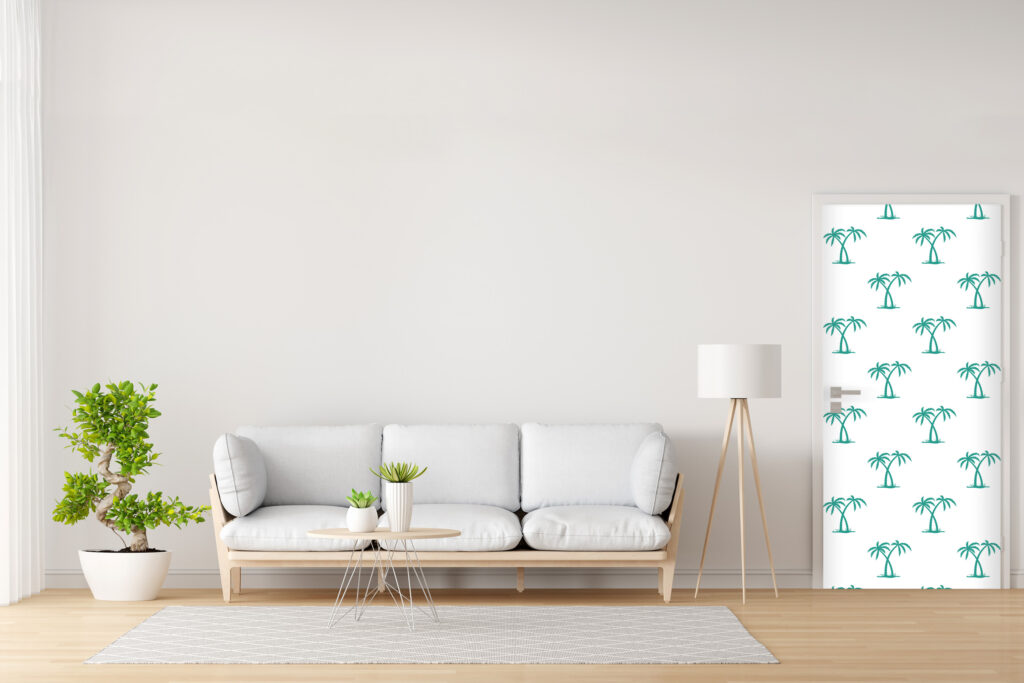 Papier peint motif cocotier tropical pas cher porte pièce de vie