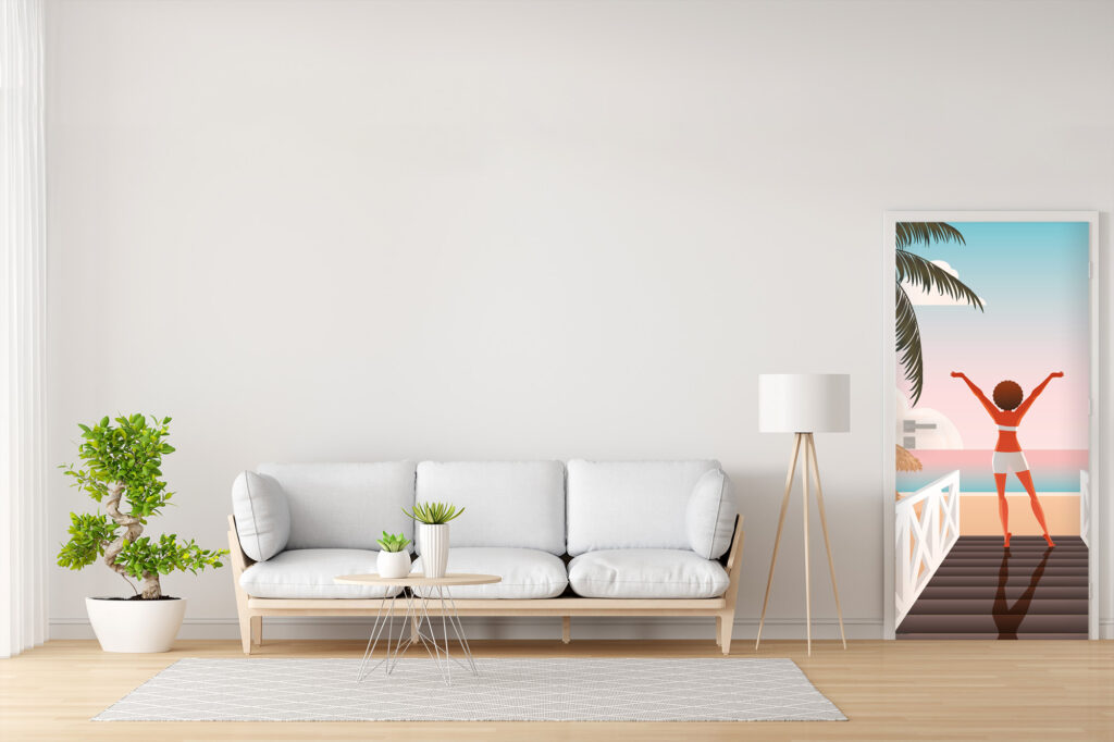 livraison rapide tapisserie fresque murale retro pop plage été Grèce sur-mesure haut de gamme porte salon