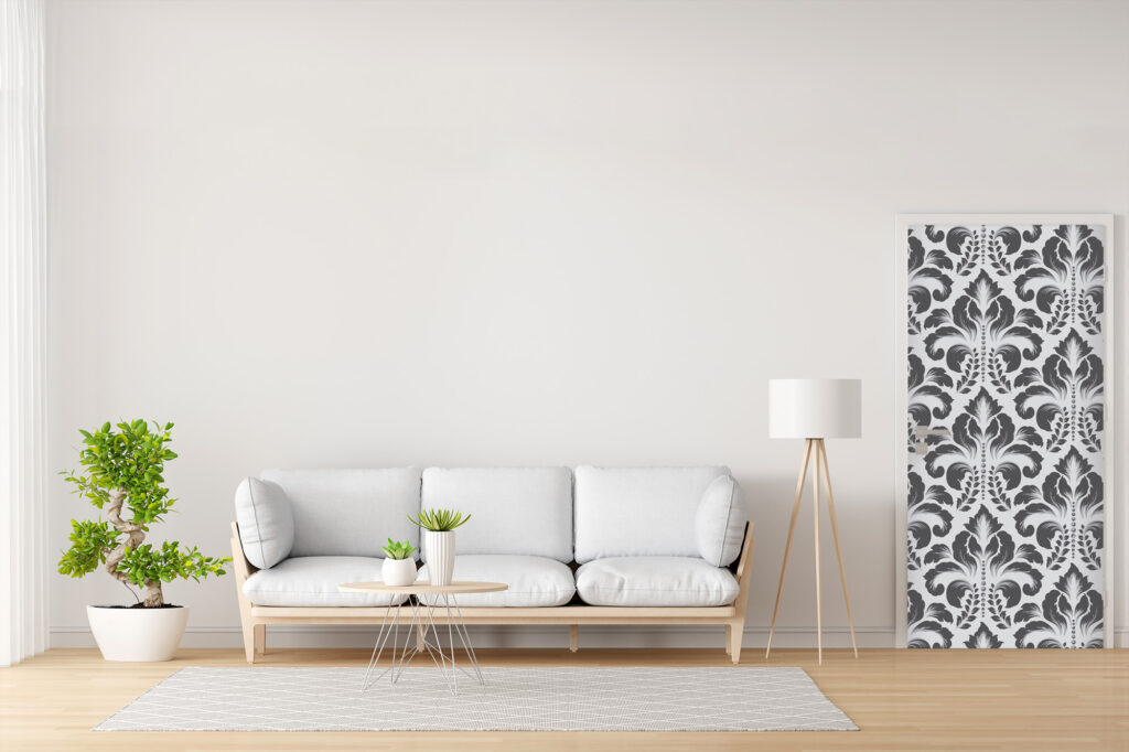 vinyle mural vintage motif Damask pas cher porte chambre et couloir – gris