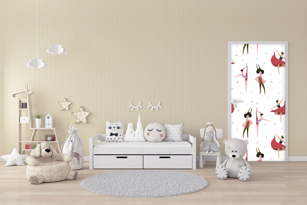 vinyle mural classique fond blanc motif Danseurs rouge et rose pas cher porte chambre enfant