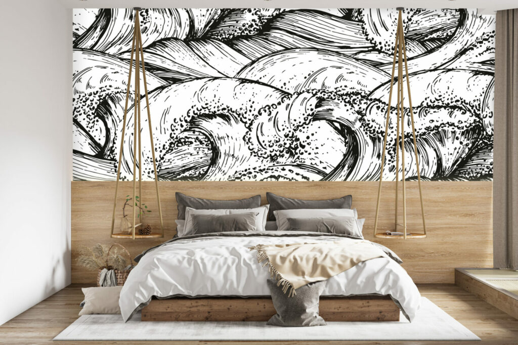 papier peint intissé vague japonisante moderne sur-mesure livraison rapide chambre adulte