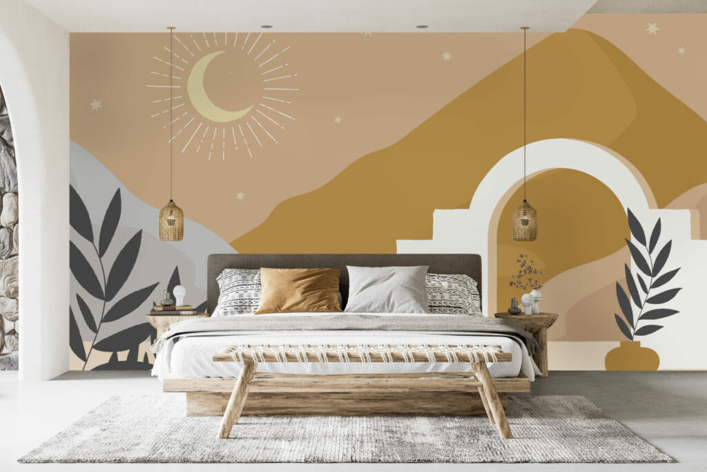 tapisserie repositionnable paysage méditerranéen minimaliste pas cher chambre parentale ocre