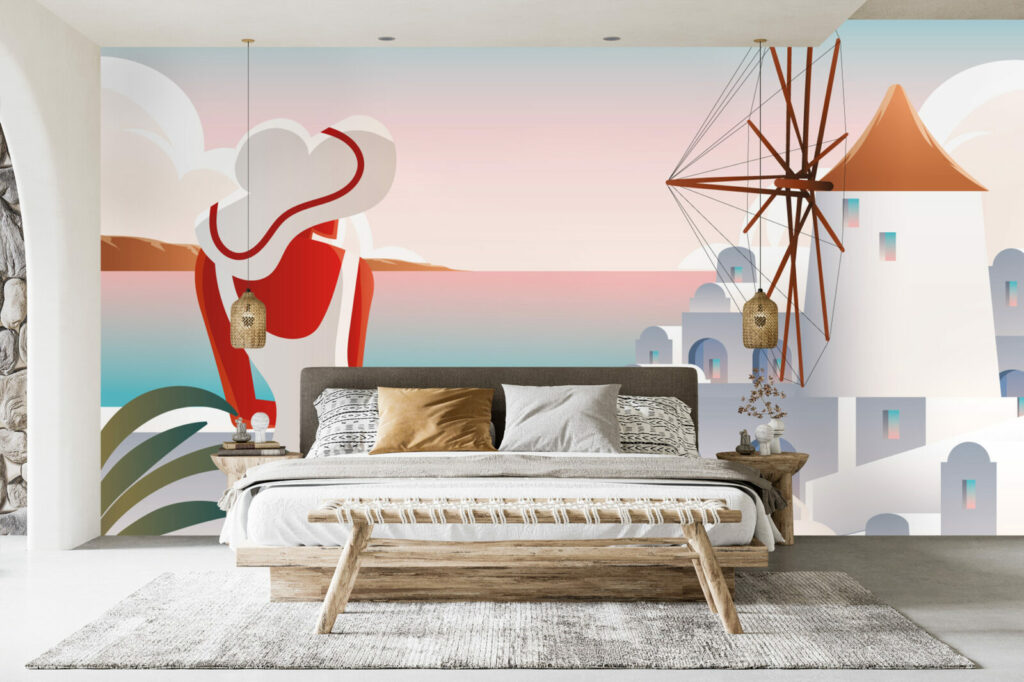 vente papier peint repositionnable pop paysage Grèce sur-mesure abordable maison chambre parentale