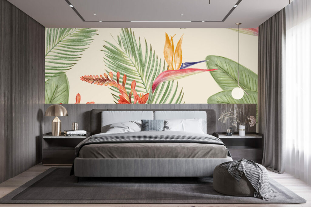 tapisserie panoramique végétal tropical oiseau du paradis pas cher chambre adulte