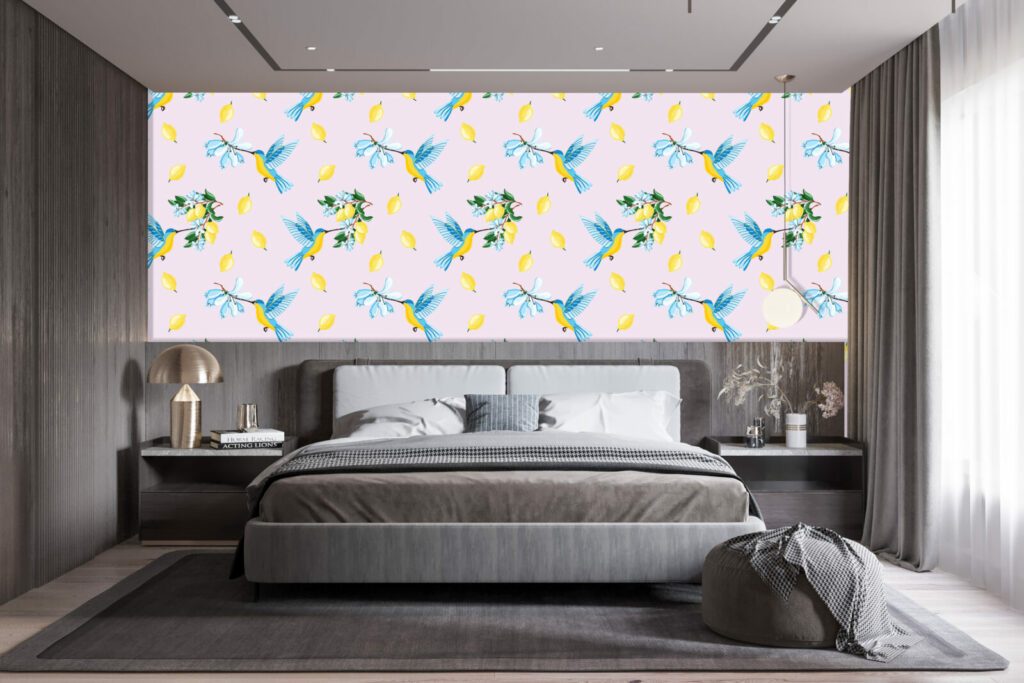 Fresque murale motif colibri vintage pas cher chambre - bleu rose