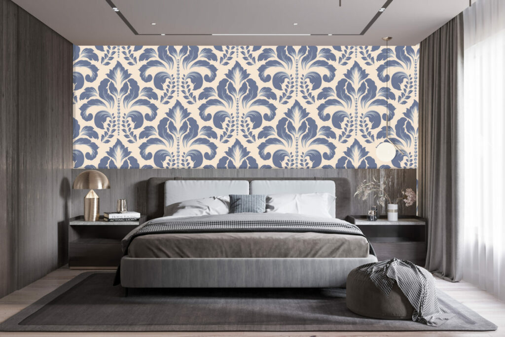 vinyle mural vintage motif Damask pas cher chambre - bleu
