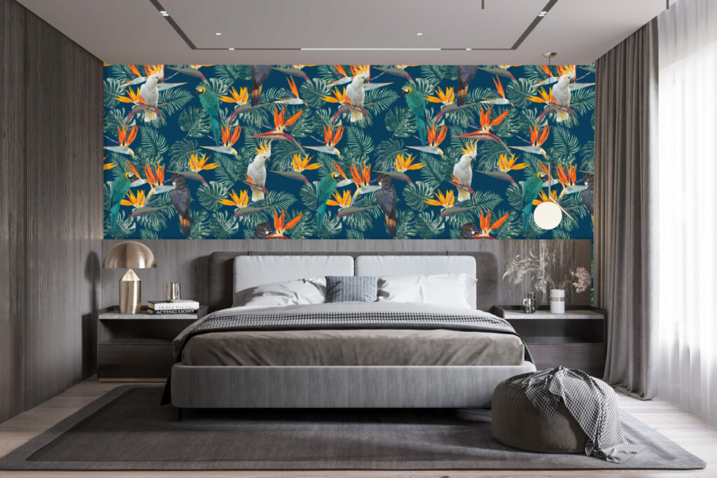 tapisserie autocollante motif design dense de perroquet tropicaux petit prix chambre adulte