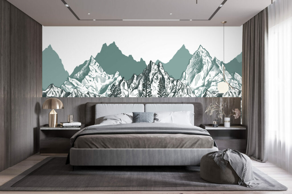 tapisserie panoramique paysage montagnes livraison rapide chambre parentale - vert