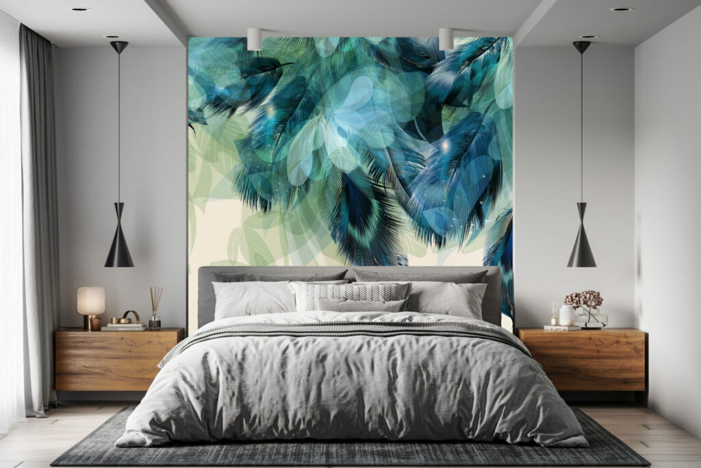 papier peint pré encollé plume de paon facile à poser chambre parentale