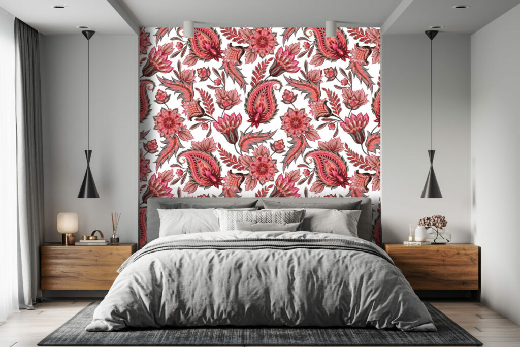 papier peint déco mural floral intense chic chambre adulte - rouge