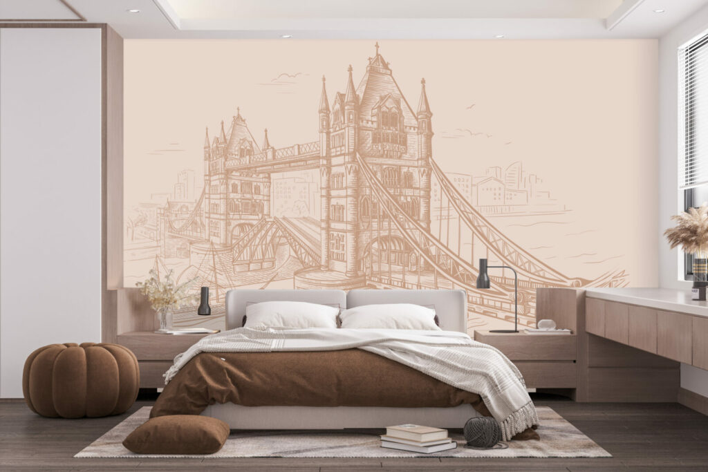 papier peint intissé dessin pont de Londres sur mesure chambre - beige