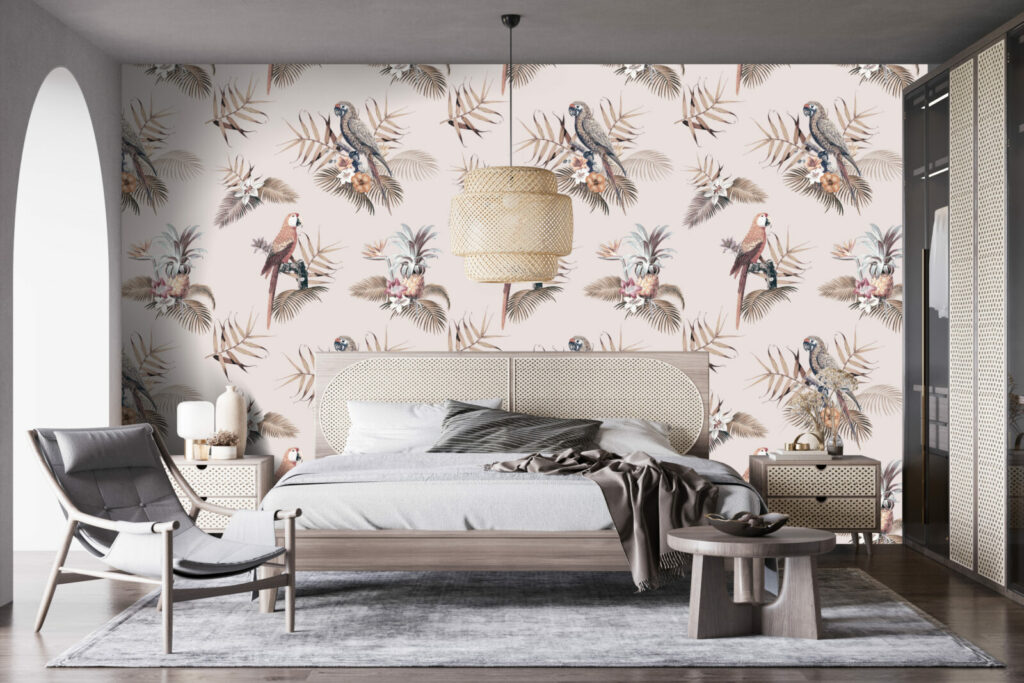 Papier peint pré encollé moderne et design perroquet jungle livraison gratuite chambre adulte
