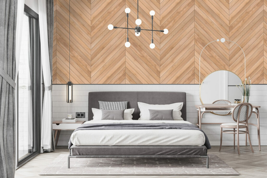 acheter tapisserie imprimé mural imitation chevrons bois personnalisé meilleur prix maison chambre parentale adulte