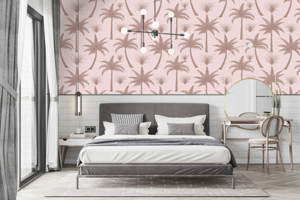 Papier peint personnalisable cocotier tropical a encoller chambre adulte - beige rose