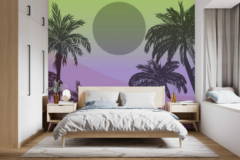 décoration murale style sunset californien tropical pré encoller chambre adulte - vert mauve