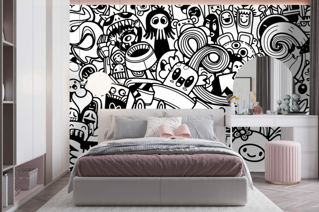 papier peint tendance collection style doodle mignon chambre fille - noir