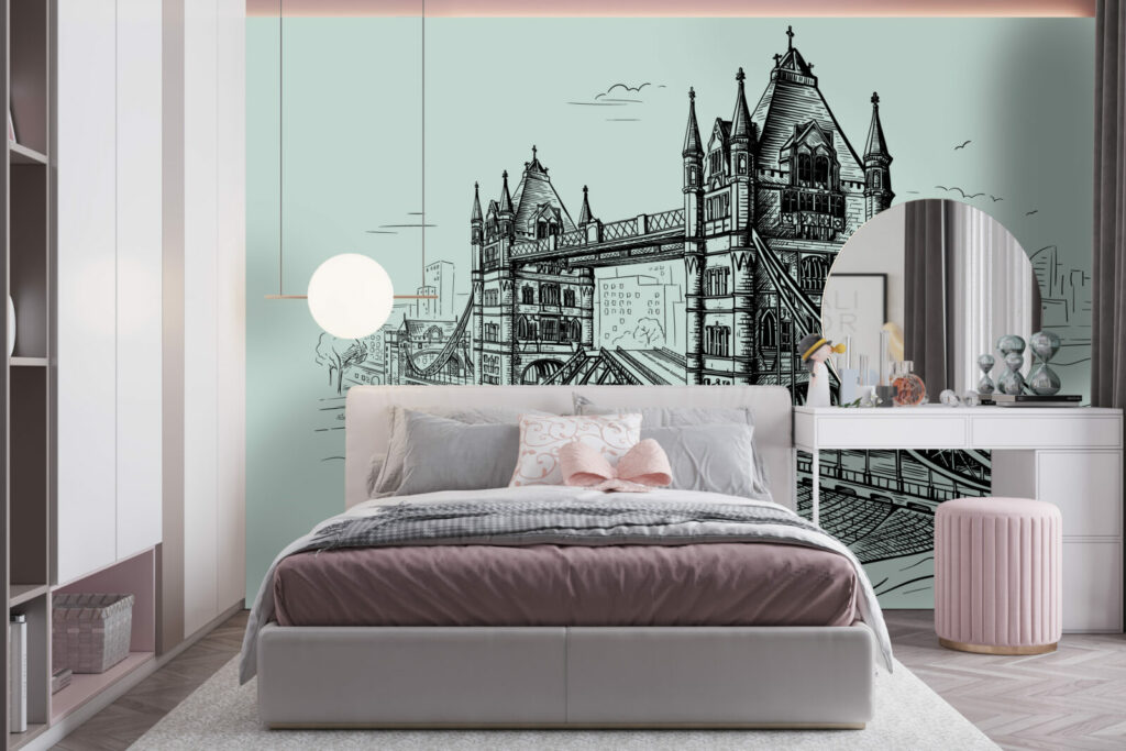 papier peint intissé dessin pont de Londres sur mesure chambre fille - vert