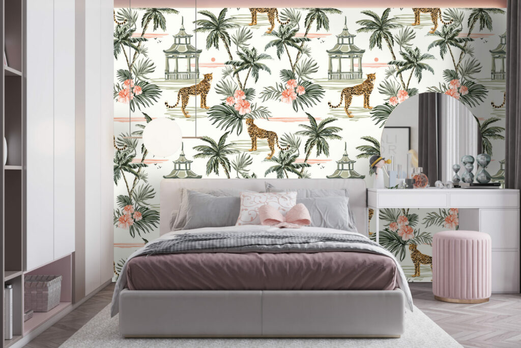 papier peint design motif jungle tropical pas cher chambre - vert rose