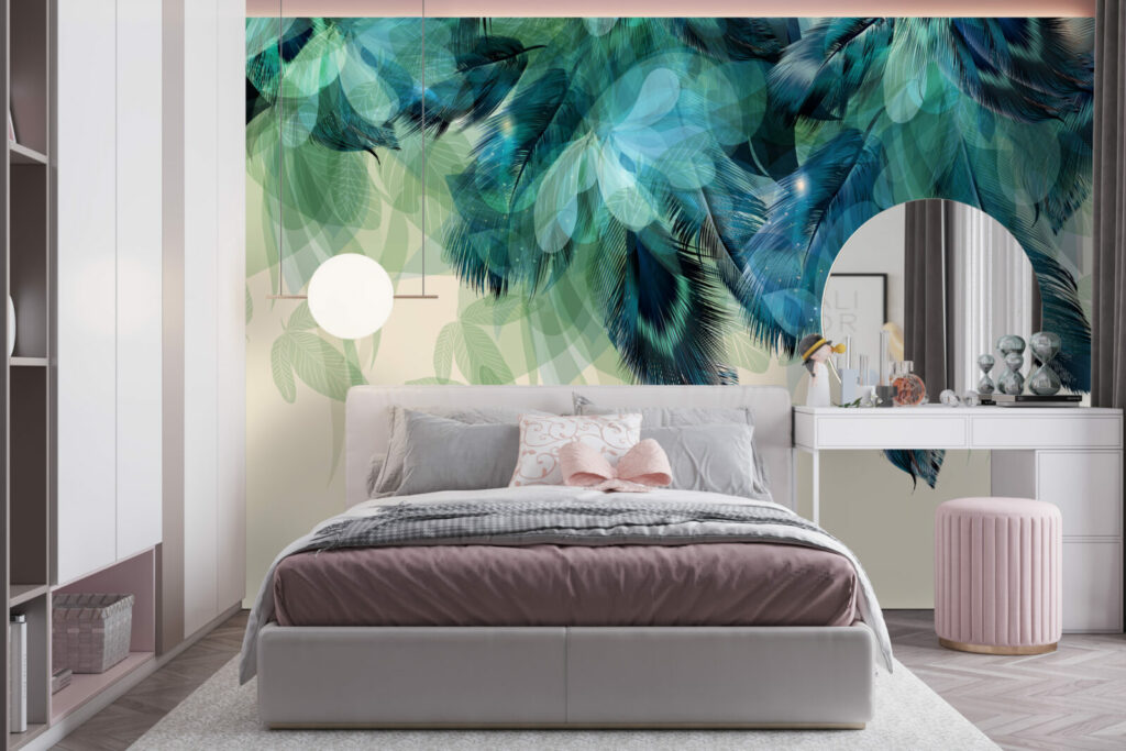 papier peint pré encollé plume de paon facile à poser chambre fille