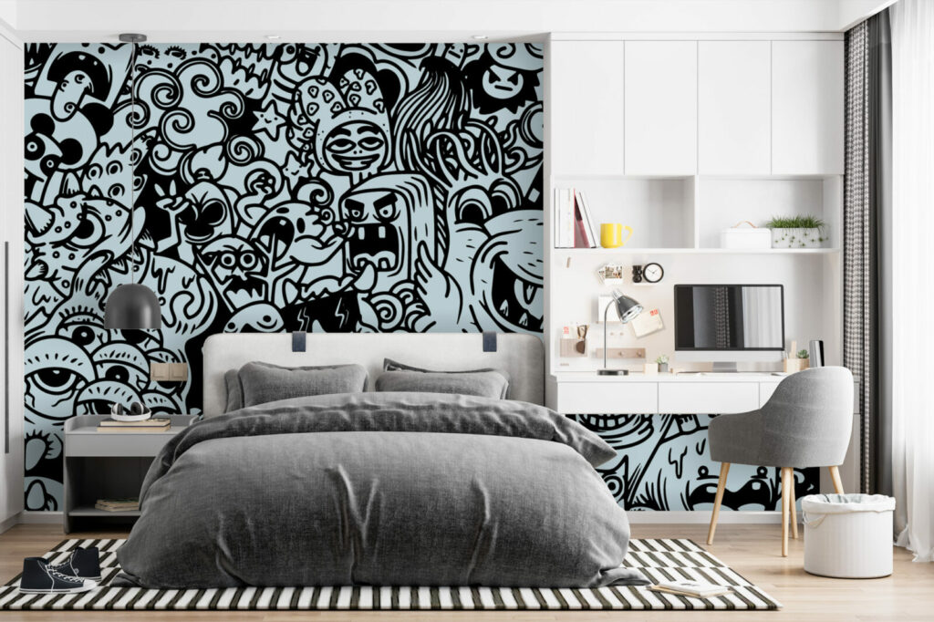 papier peint tendance style doodle rebelle haut de gamme chambre ado - bleu