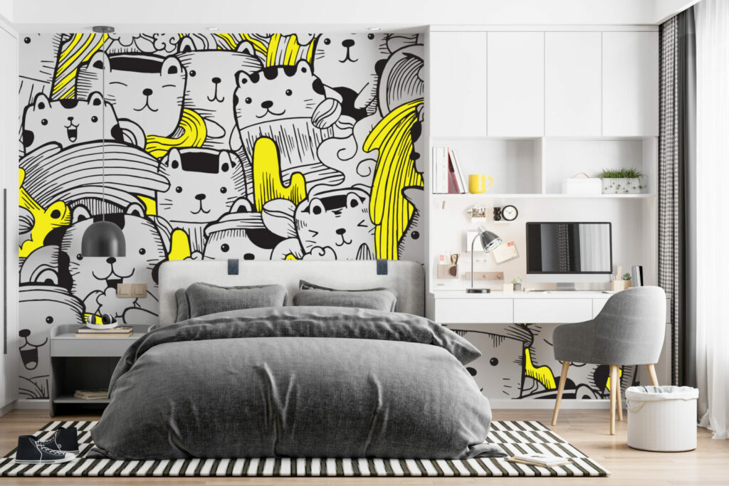 vente fresque murale pré encollée motif petit chat pop doodle personnalisé bon prix maison chambre ado
