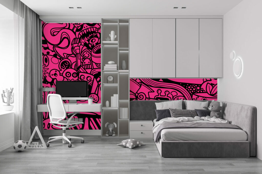 papier peint tendance collection style doodle mignon chambre enfant - rose