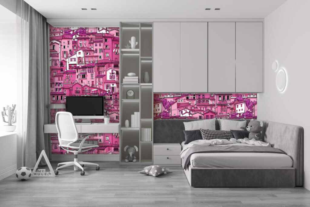 tapisserie repositionnable haut de gamme village pas cher chambre ado - rose