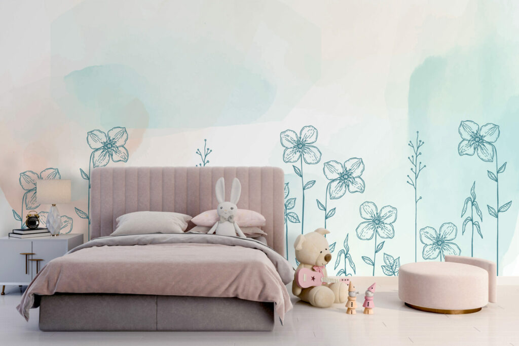 vente papier peint à encoller motif fleurs aquarelle personnalisable haut de gamme chambre fille