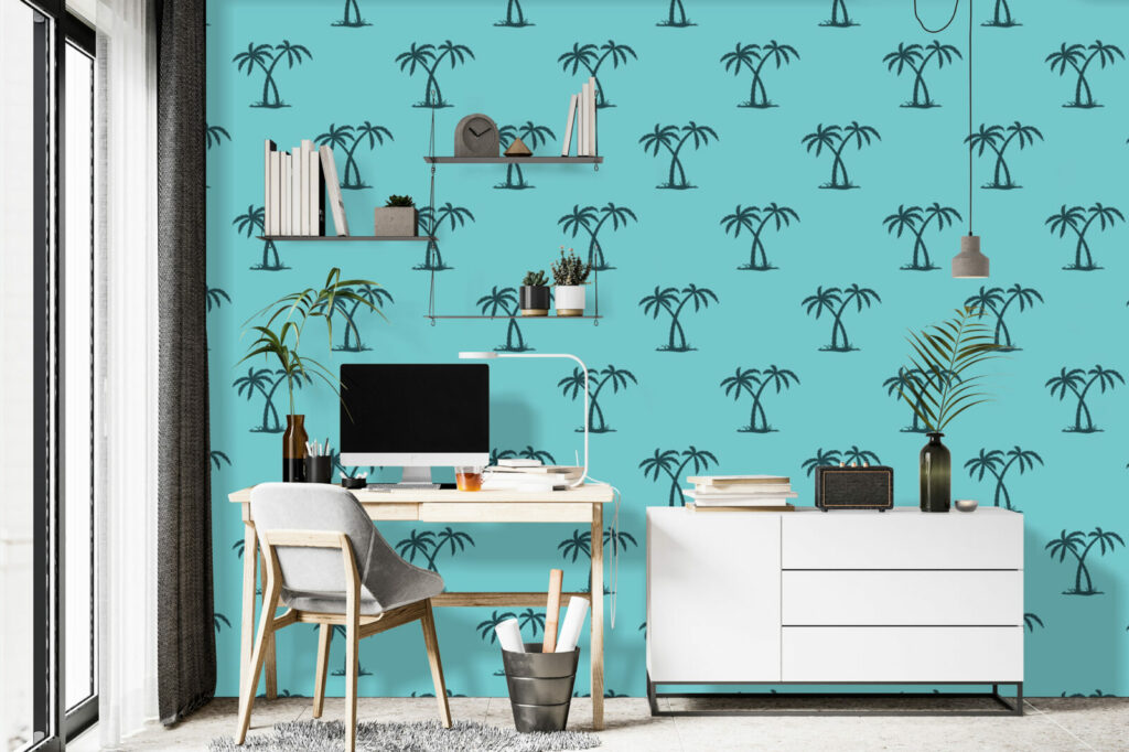 Papier peint motif cocotier tropical pas cher bureau - turquoise