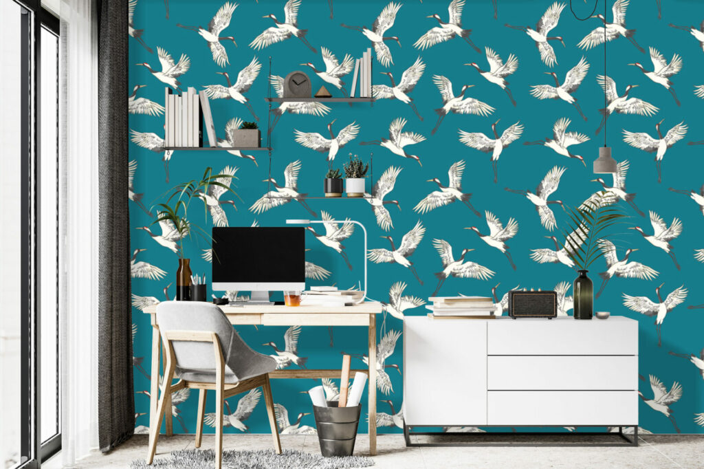 papier peint grues japonisantes haut de gamme bureau - turquoise
