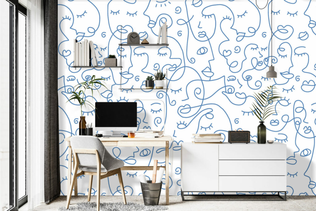 fresque murale motif portrait visage moderne abstrait bureau - bleu
