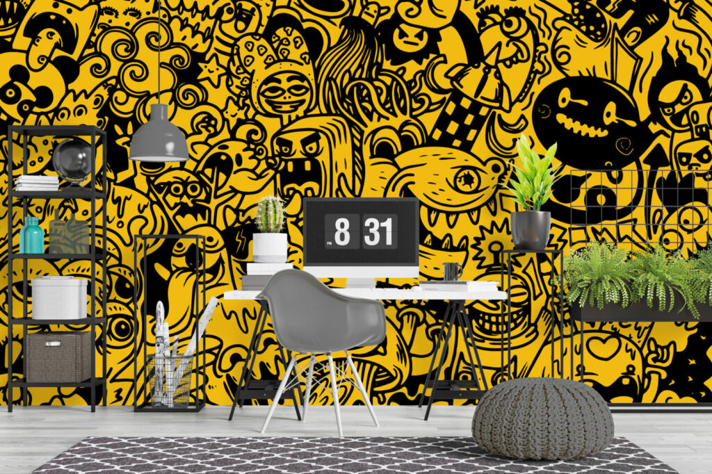 papier peint tendance style doodle rebelle haut de gamme bureau - ocre