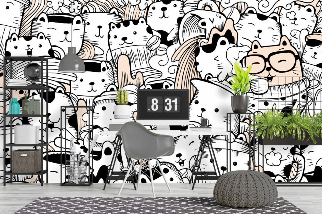 vente fresque murale pré encollée motif petit chat pop doodle personnalisé bon prix maison bureau ado