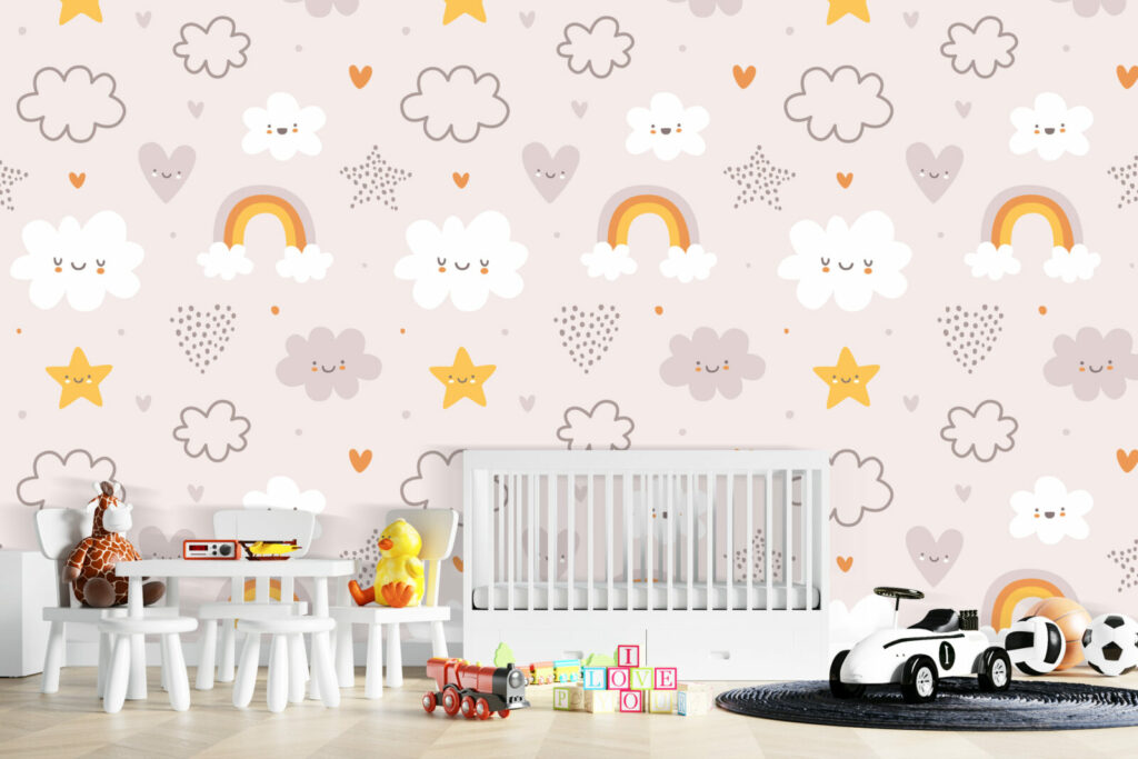 tapisserie rapositionnable nuage enfantin sur mesure chambre bébé - jaune