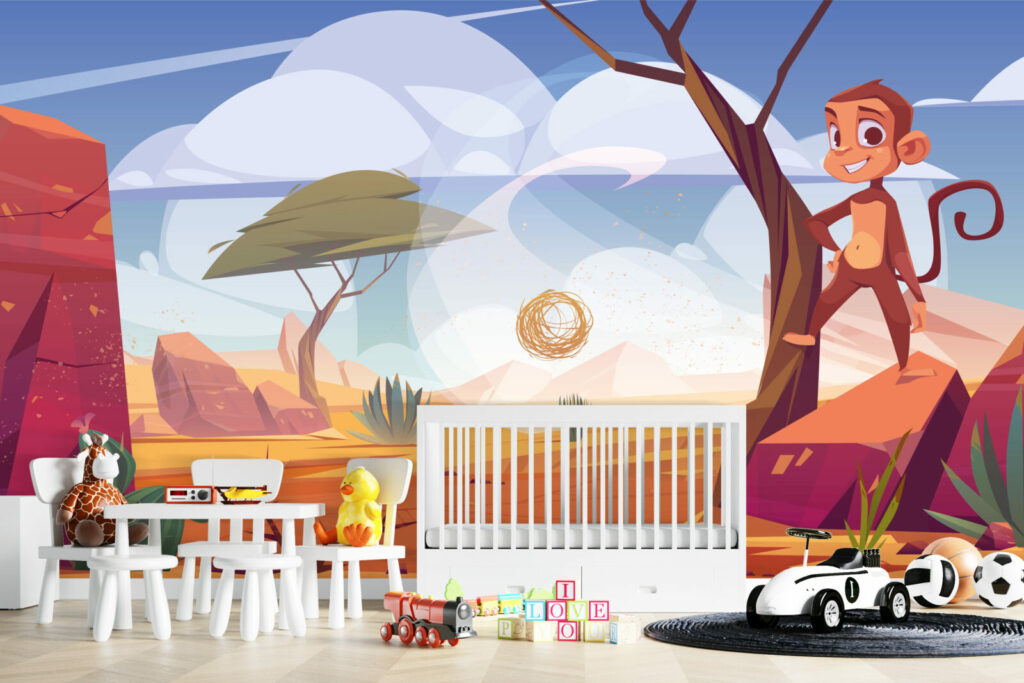 acheter tapisserie fresque pré encollée paysage panoramique singe savane désert personnalisable pas cher maison salle de jeux chambre enfant bébé