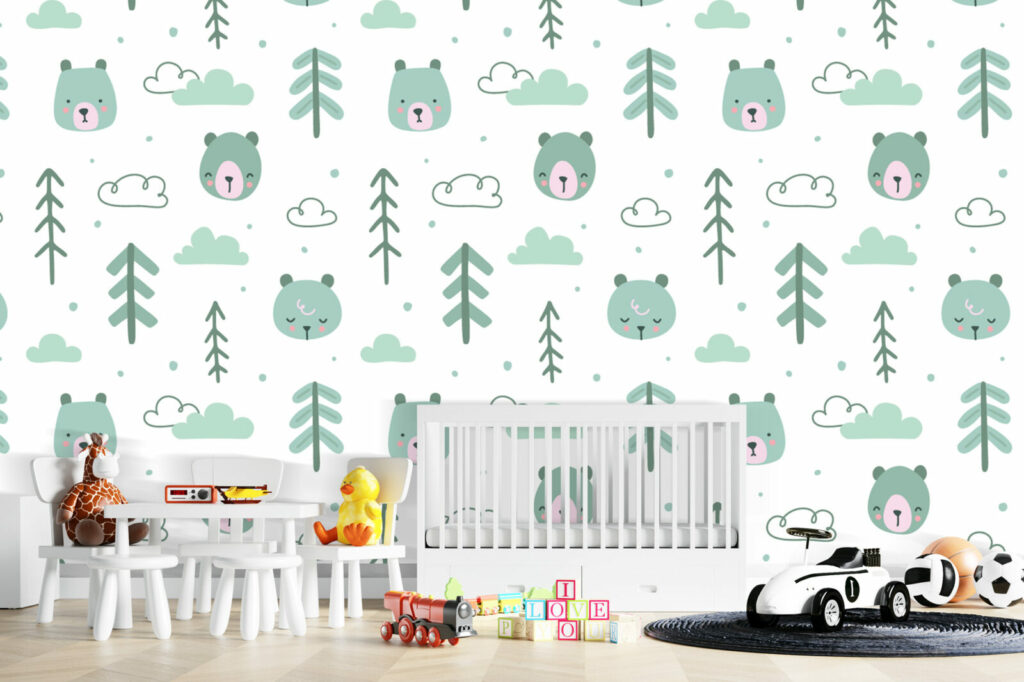 tapisserie repositionnable pas cher ours mignon chambre bébé - vert