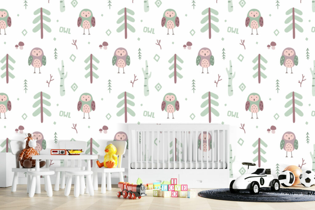 tapisserie repositionnable enfantine motif chouette bon marché livraison gratuite chambre nouveau né