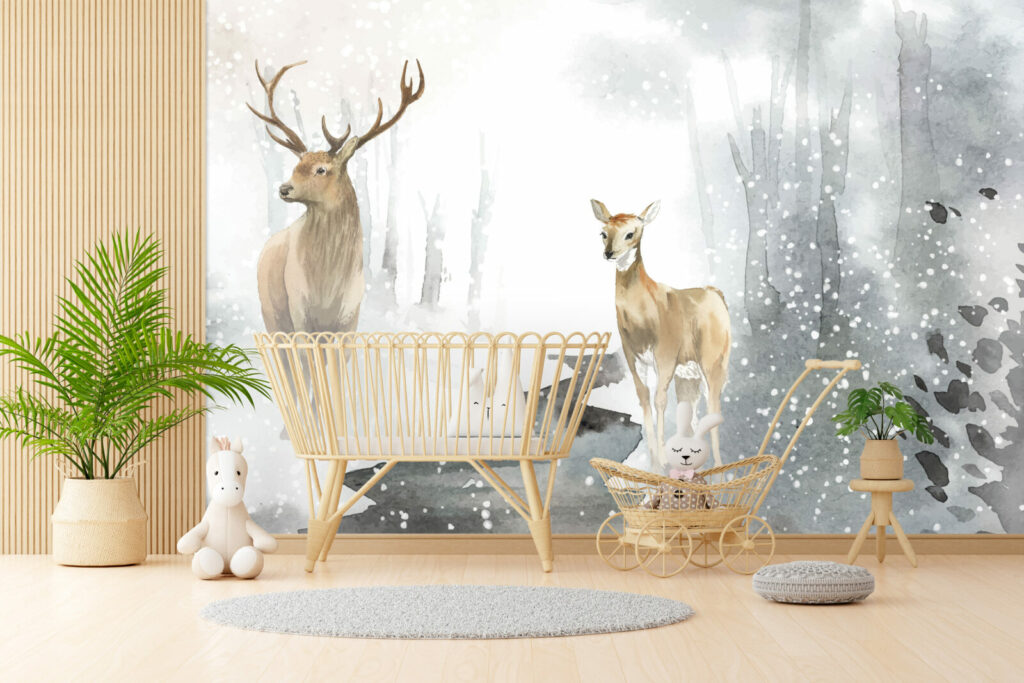 acheter collection papier peint repositionnable aquarelle biche cerf hiver panoramique personnalisé haut de gamme maison chambre bébé enfant