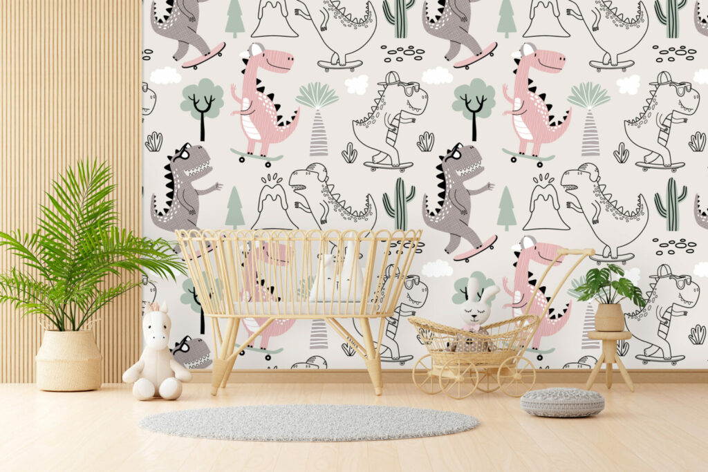 bon plan papier peint enfantin motif dinosaures cool et tendance sur mesure chambre nourrisson