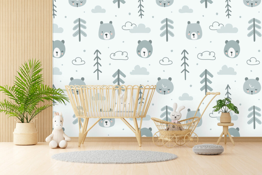 tapisserie repositionnable pas cher ours mignon chambre bébé- gris