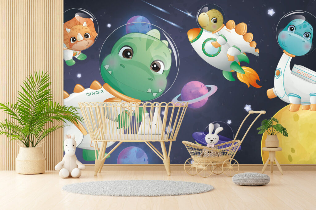 vente papier peint panoramique autocollant paysage espace dinosaure fusée sur-mesure haut de gamme chambre enfant bébé
