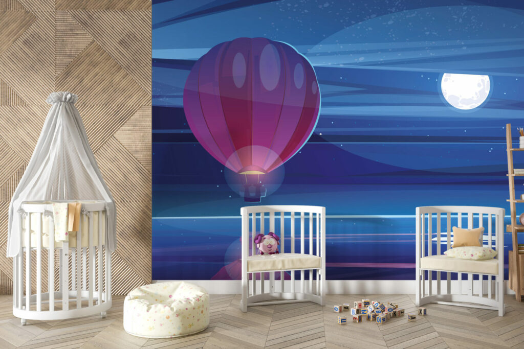 fresque panoramique montgolfière féérique pas cher chambre bébé - vert