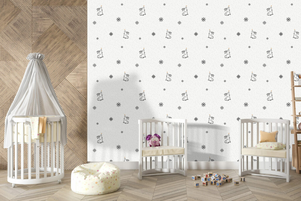 tapisserie imprimée autocollant motif lapin hiver flocon personnalisé pas cher maison bébé éveil salle de jeux