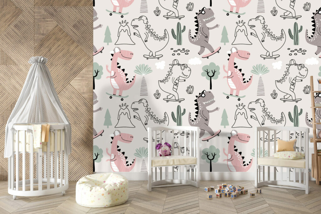 bon plan papier peint enfantin motif dinosaures cool et tendance sur mesure chambre nouveau né