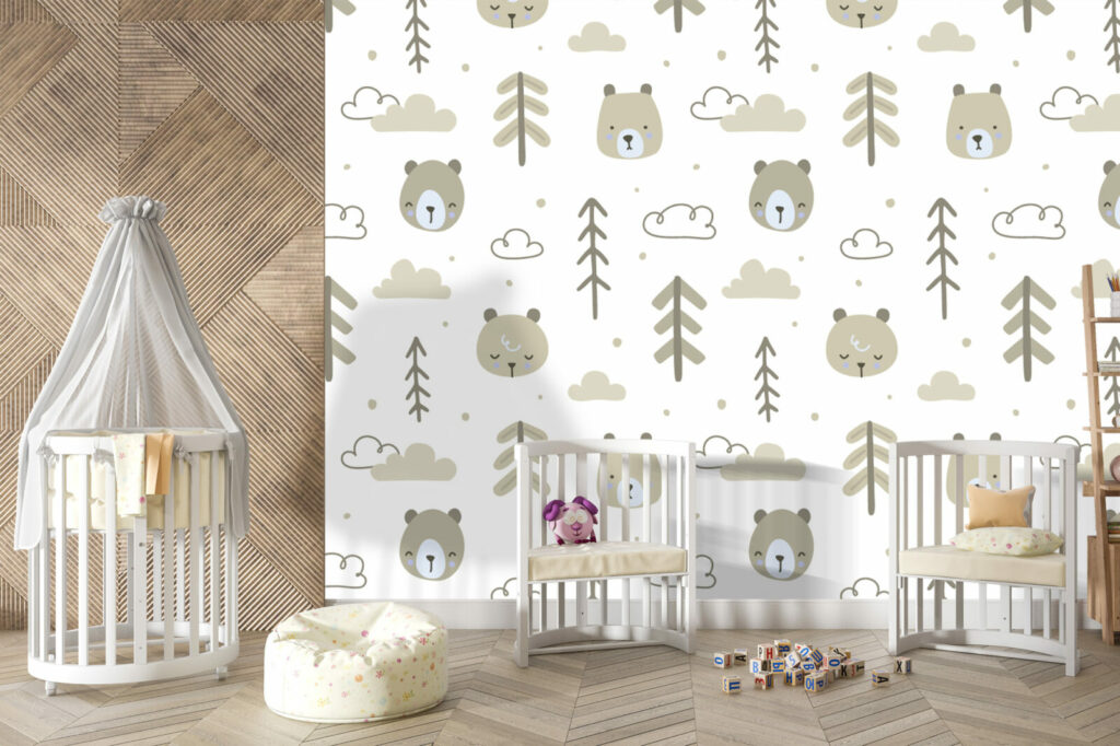 tapisserie repositionnable pas cher ours mignon chambre bébé - beige